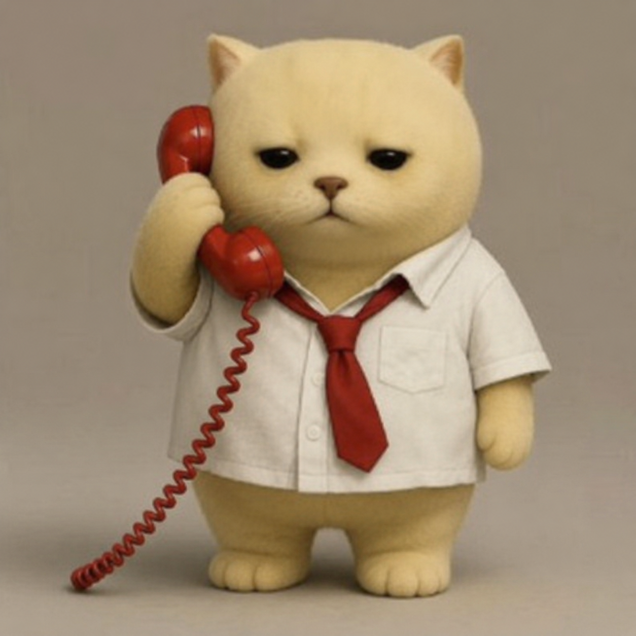 C-ALL-IN, a cream cat in an office shirt holding a red telephone